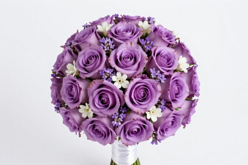 round purple wedding bouquet with tight cluster of flowers