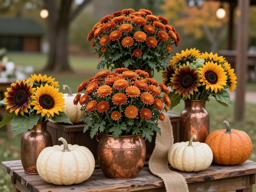 rust orange and chocolate brown fall wedding with pumpkins and mums