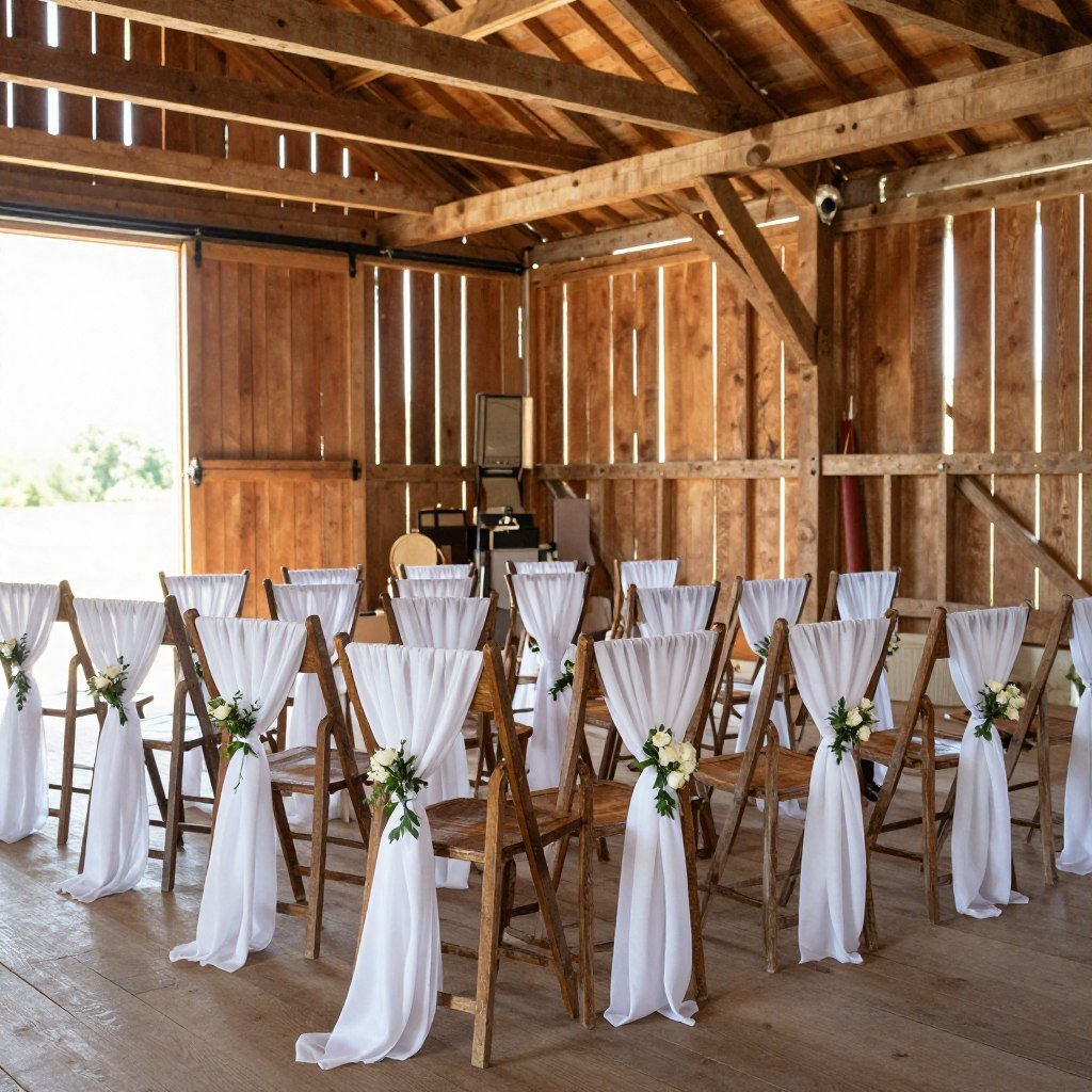 rustic barn ceremony seating with wooden chairs and flower decorations