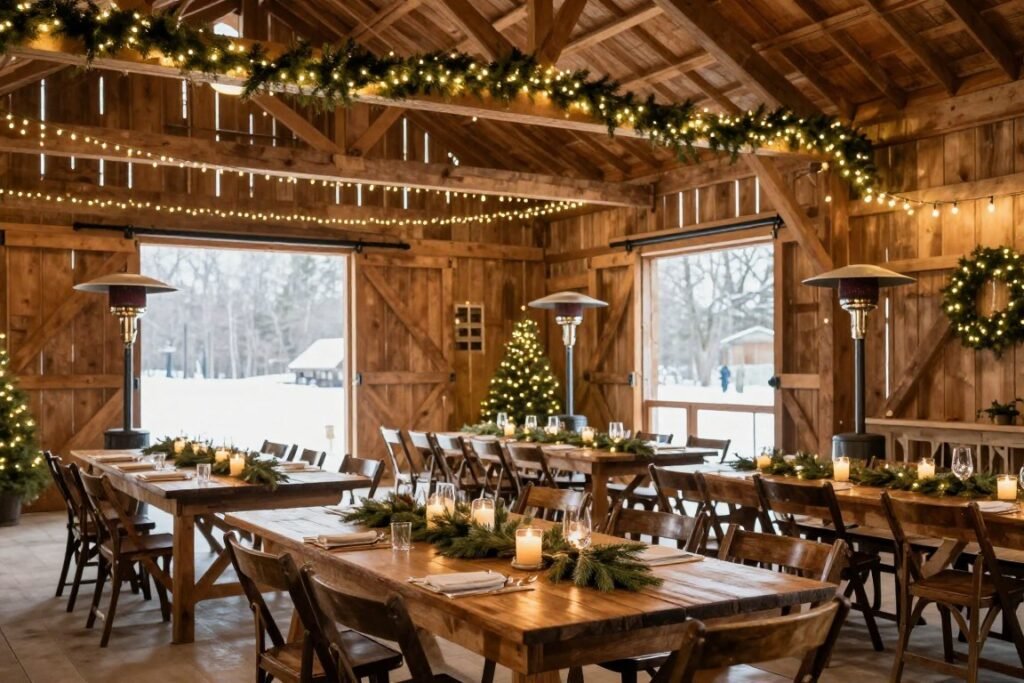 rustic barn decorated for winter christmas wedding reception rustic barn decorated for winter christmas wedding reception