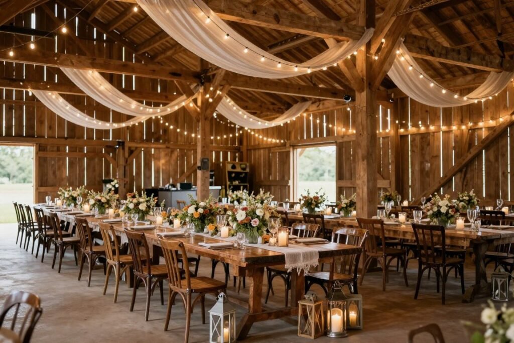 rustic barn micro wedding reception with string lights and farm tables