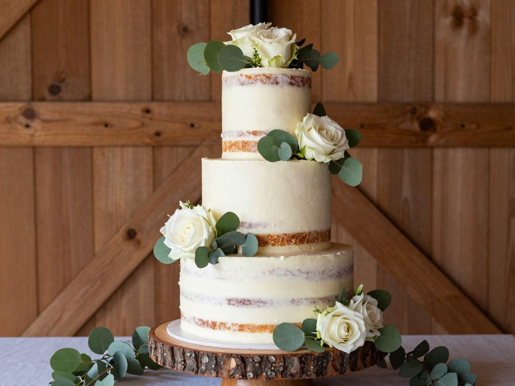 rustic barn wedding cake with natural decorations