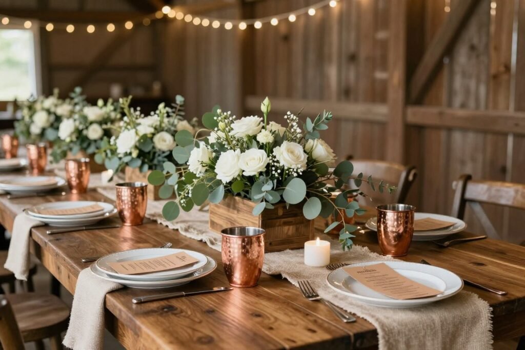 rustic barn wedding reception table with natural centerpiece