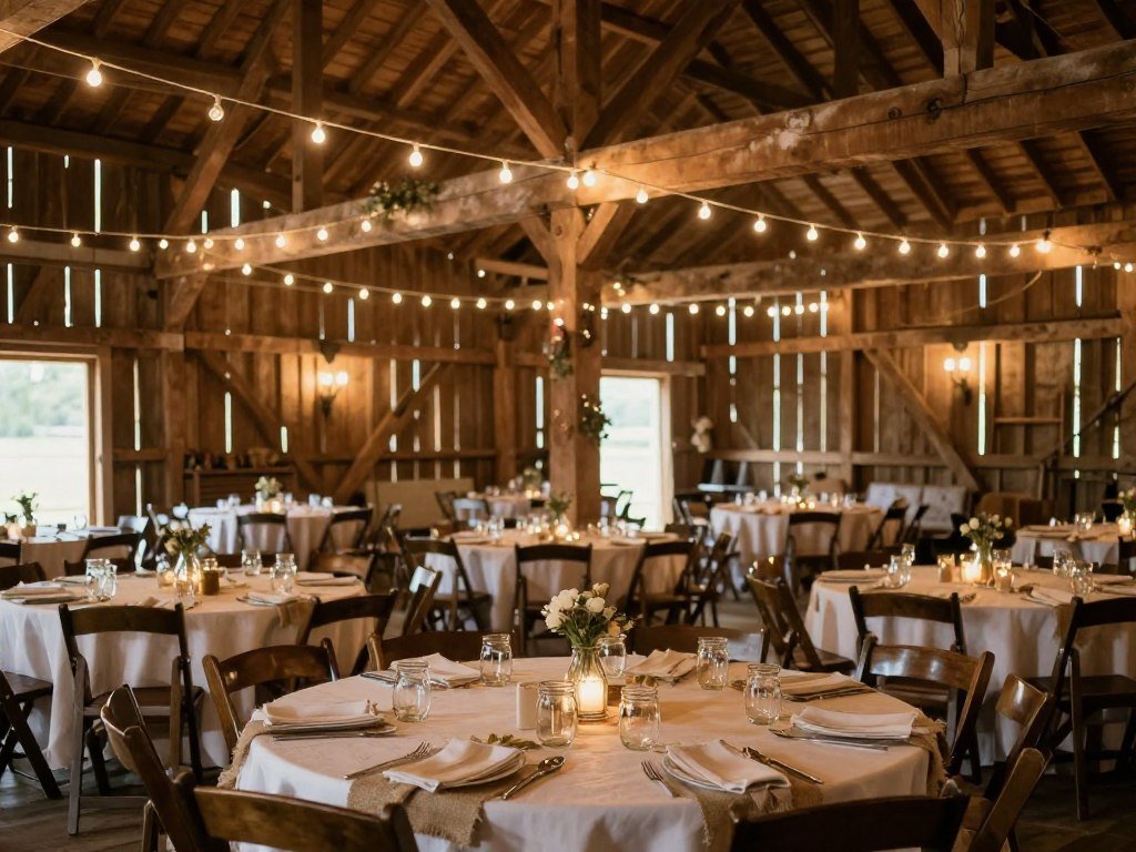 rustic barn wedding venue interior with string lights and wooden beams rustic barn wedding venue interior with string lights and wooden beams