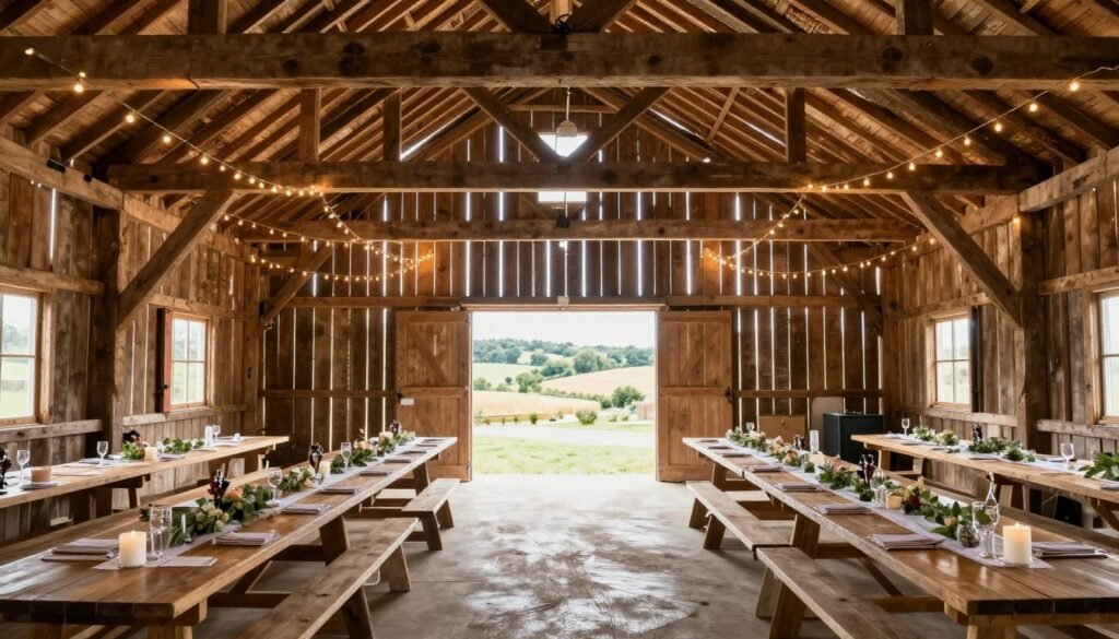 rustic barn wedding venue with natural wood and string lights