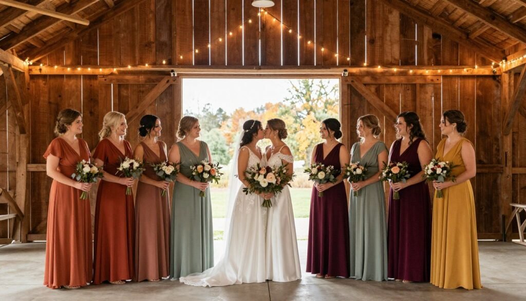 rustic barn wedding with bridesmaids in warm earth tone dresses terracotta sage burgundy
