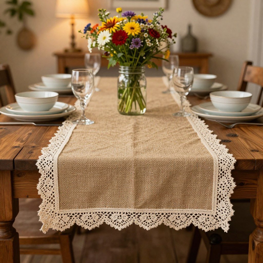 rustic burlap table runner with lace trim on farmhouse dining table rustic burlap table runner with lace trim on farmhouse dining table