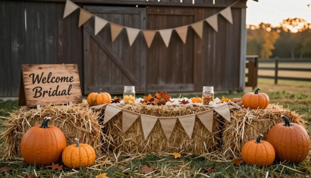 rustic fall bridal shower theme with pumpkins hay bales and wooden signs rustic fall bridal shower theme with pumpkins hay bales and wooden signs