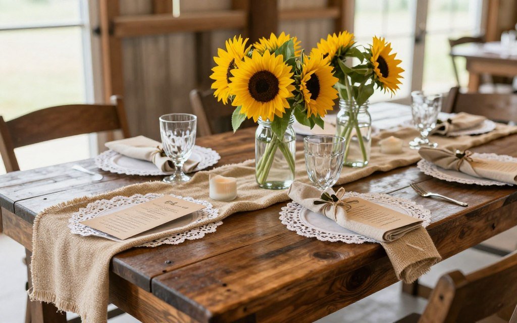 rustic farmhouse wedding table with wooden elements and vintage decor