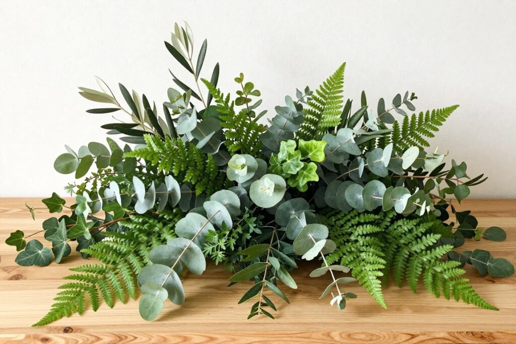 rustic greenery arrangement with eucalyptus and olive branches