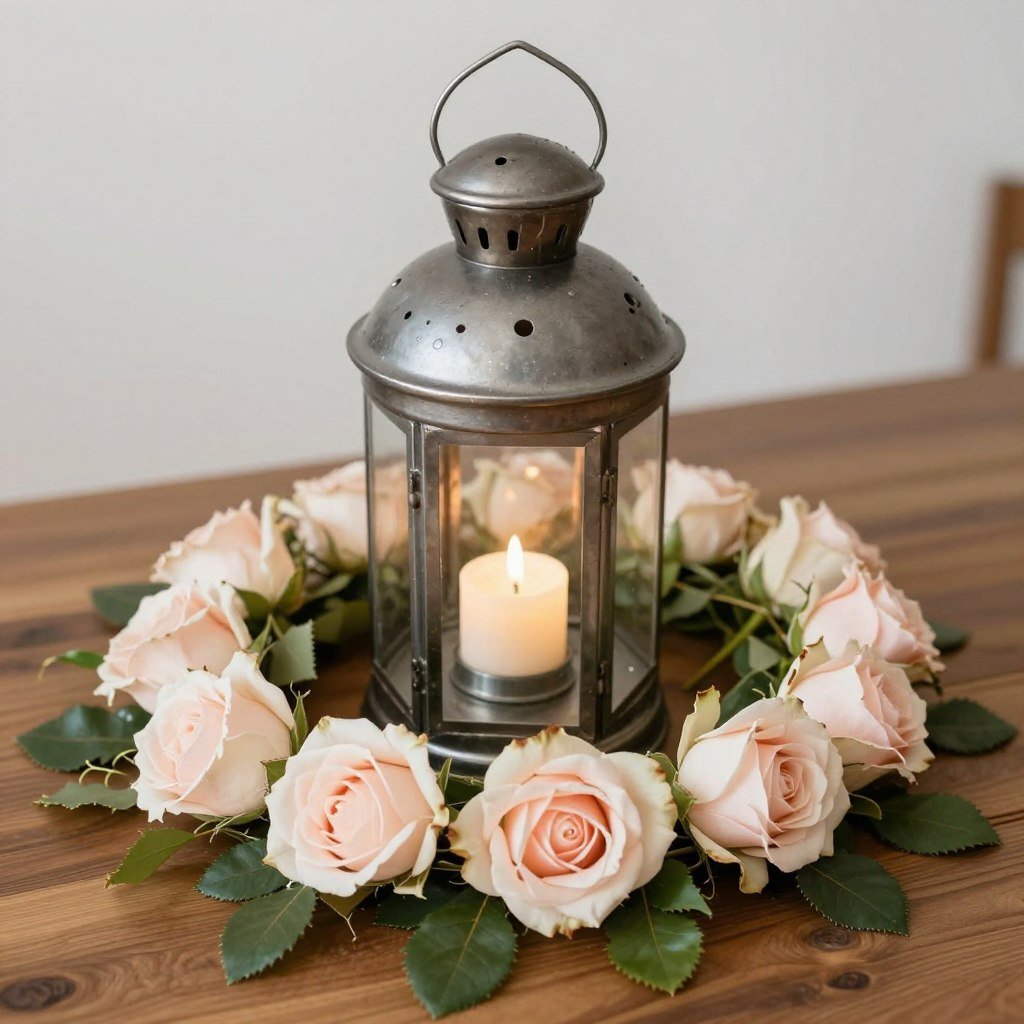 rustic lantern centerpiece with candles and flowers