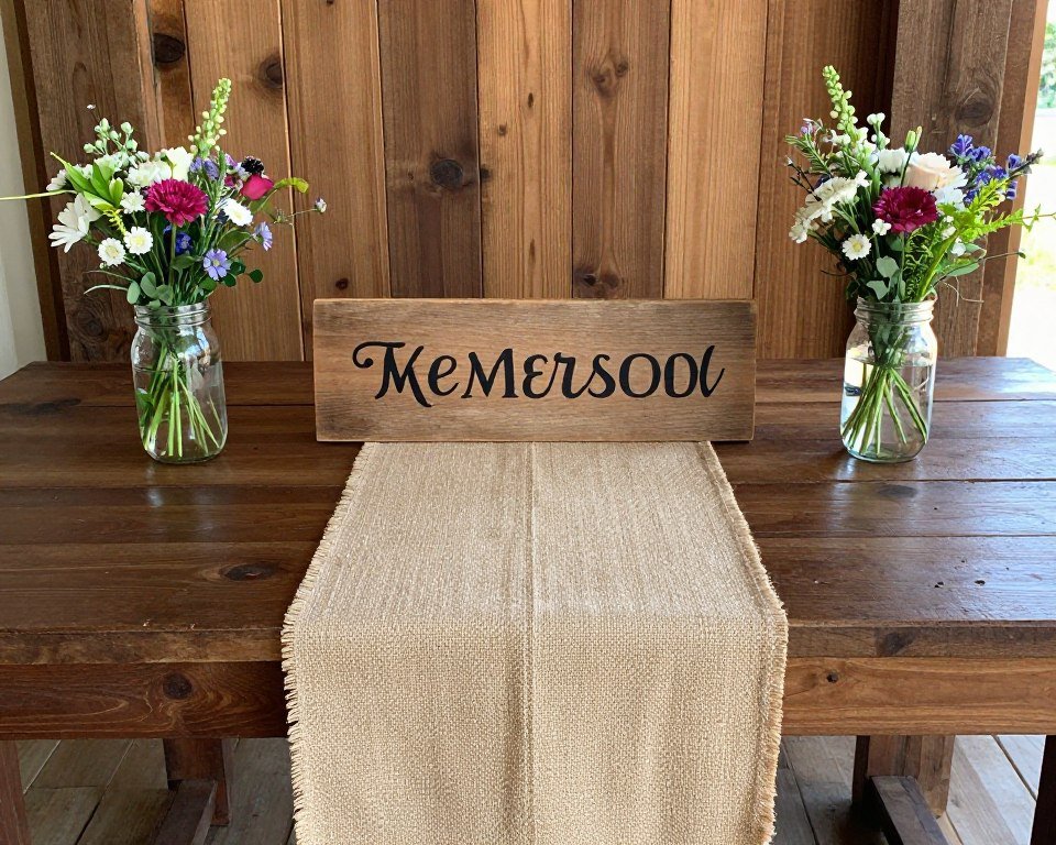 rustic memorial table with burlap and wood backdrop