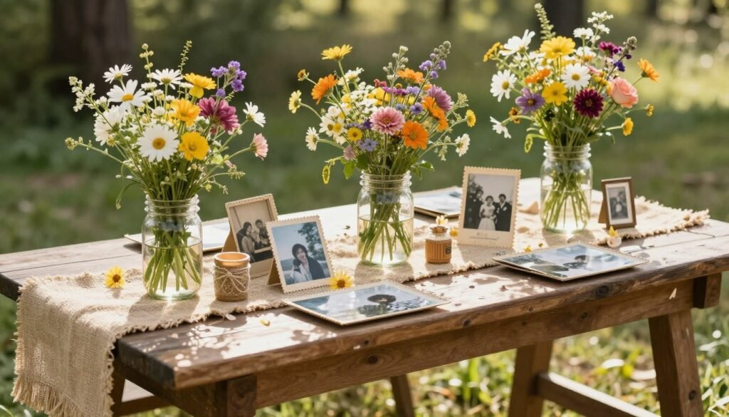 rustic memorial table with wildflowers and mason jars