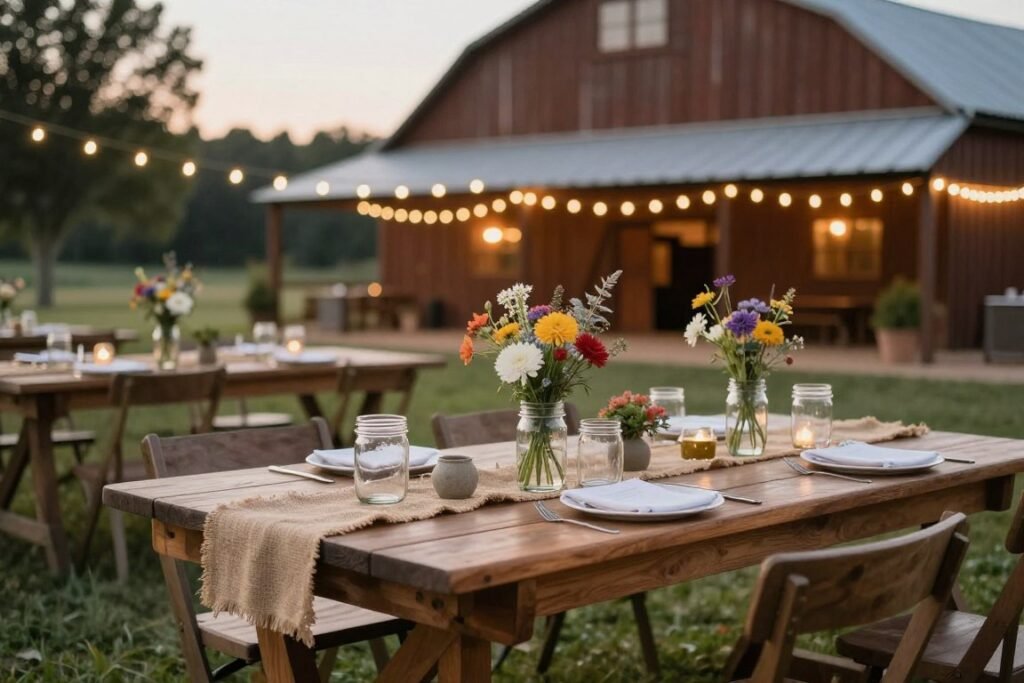 rustic outdoor rehearsal dinner setup