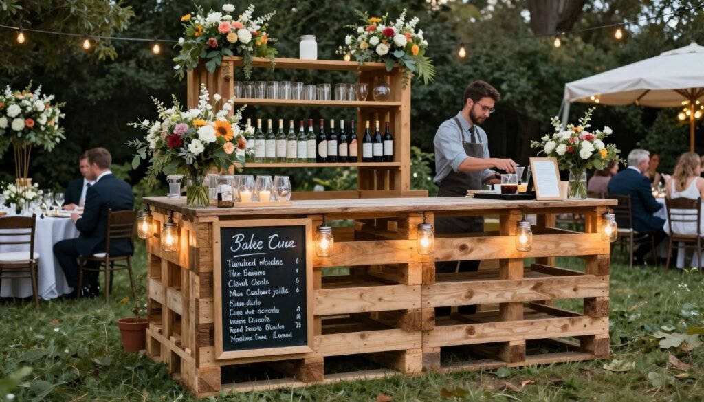 rustic pallet bar setup at outdoor wedding