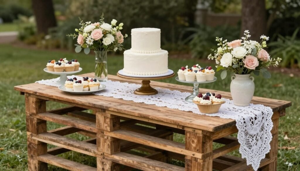 rustic pallet dessert table at wedding reception