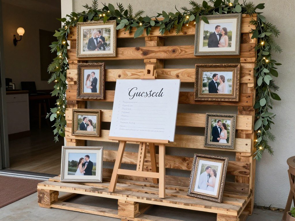 rustic pallet guest book station with photos