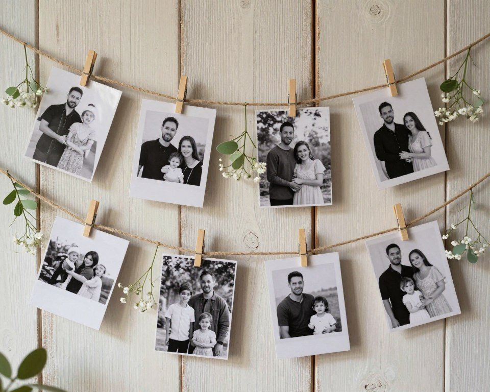 rustic photo display with pictures hanging on twine with clothespins