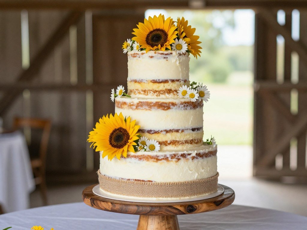 rustic semi-naked cake with wildflowers and burlap ribbon
