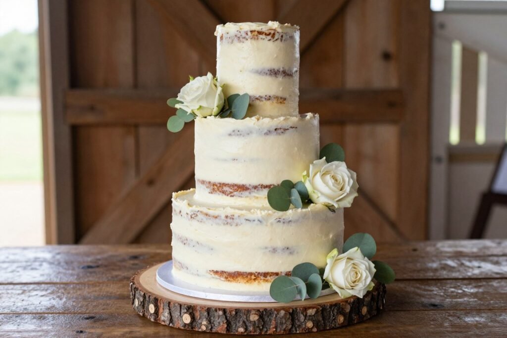 rustic semi-naked wedding cake with fresh flowers and greenery on wooden stand rustic semi-naked wedding cake with fresh flowers and greenery on wooden stand