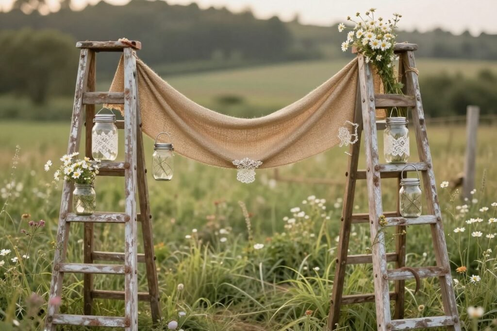 rustic wedding altar with ladder and vintage elements