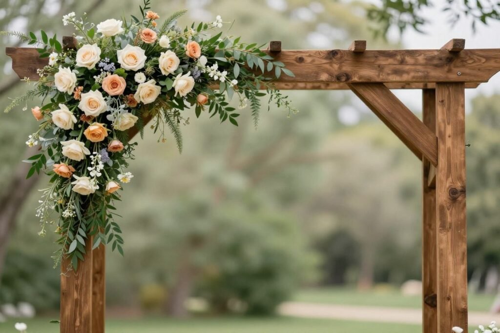 rustic wedding arch decorated with flowers and greenery