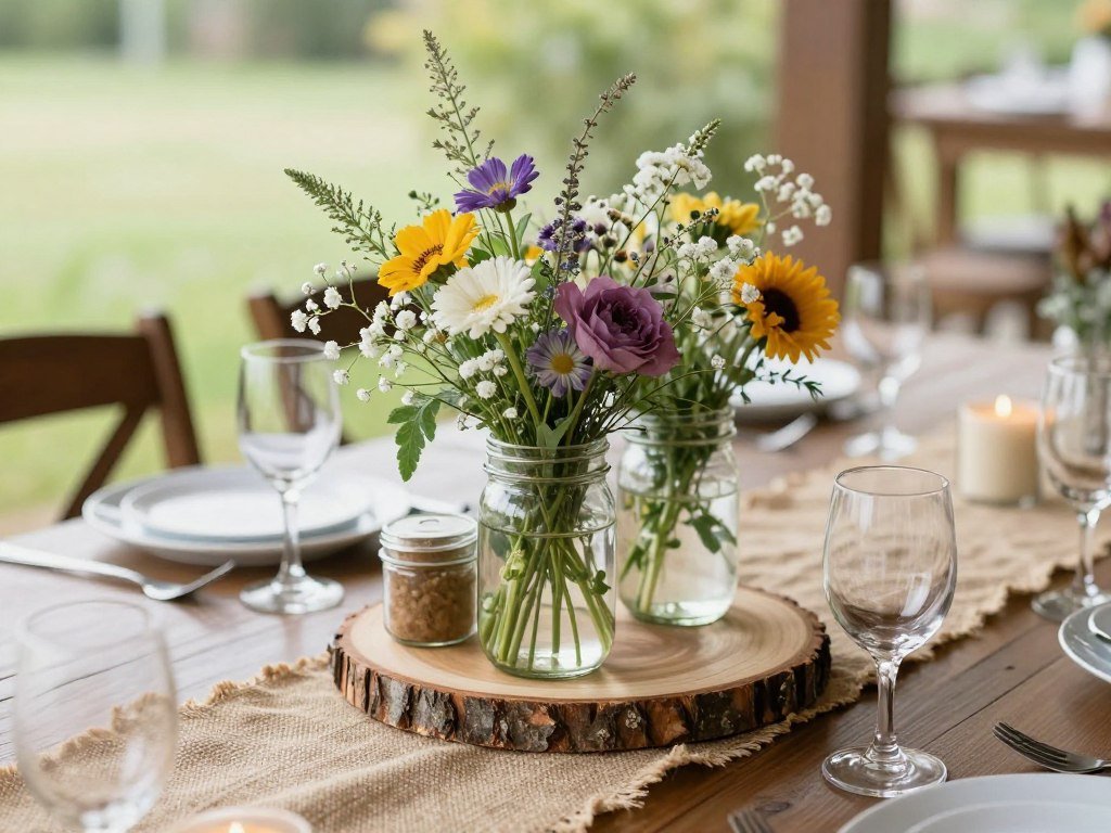 rustic wedding centerpiece with wildflowers