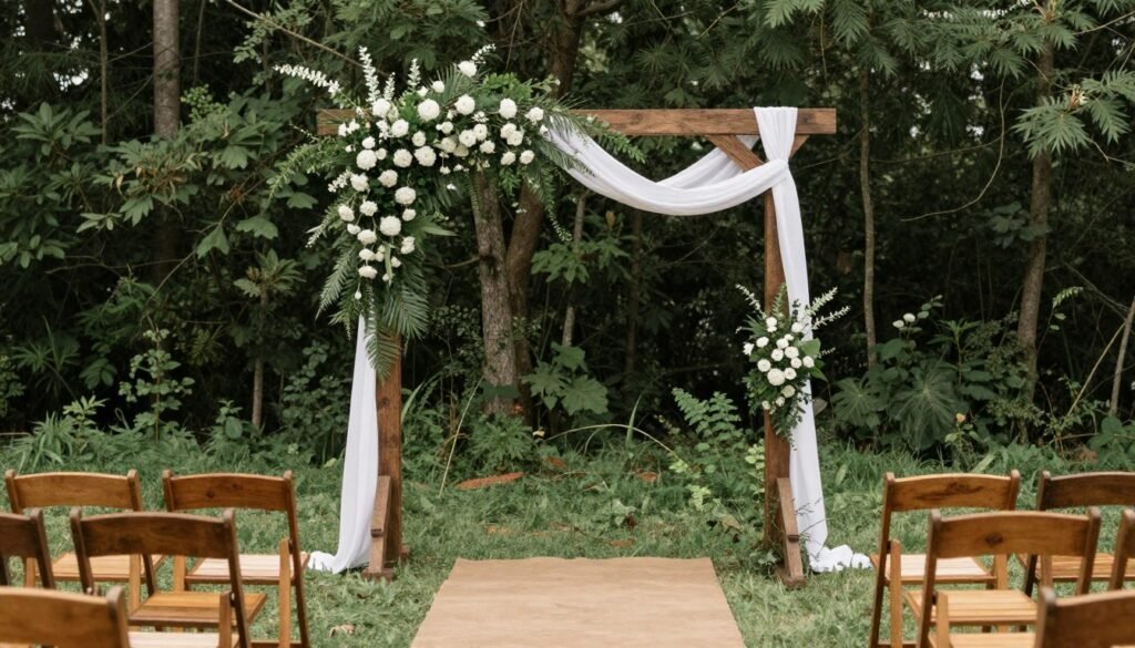 rustic wedding ceremony with wooden arch and greenery