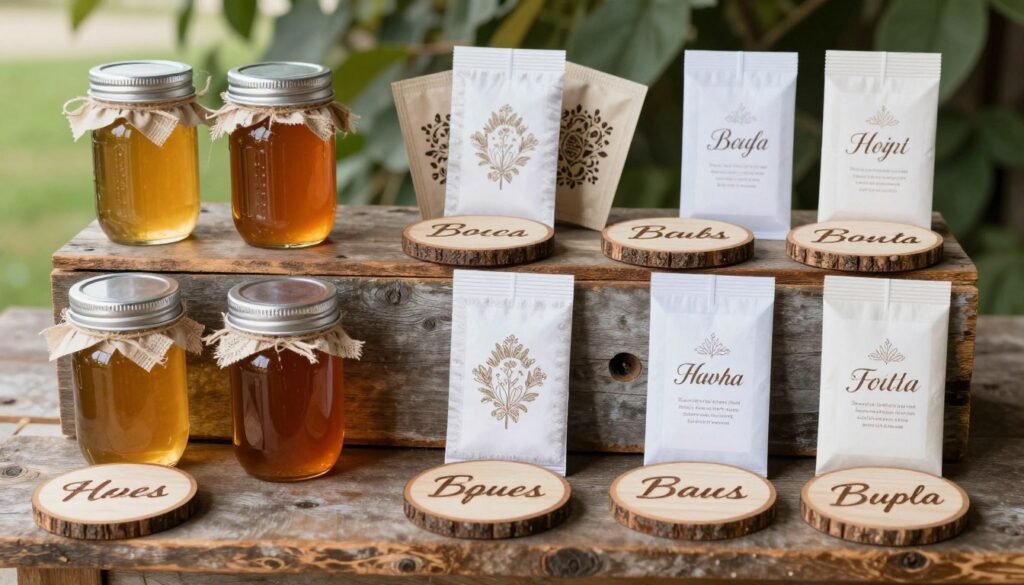 rustic wedding favors displayed on wooden table