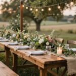 rustic wedding ideas featuring wooden table with greenery and string lights