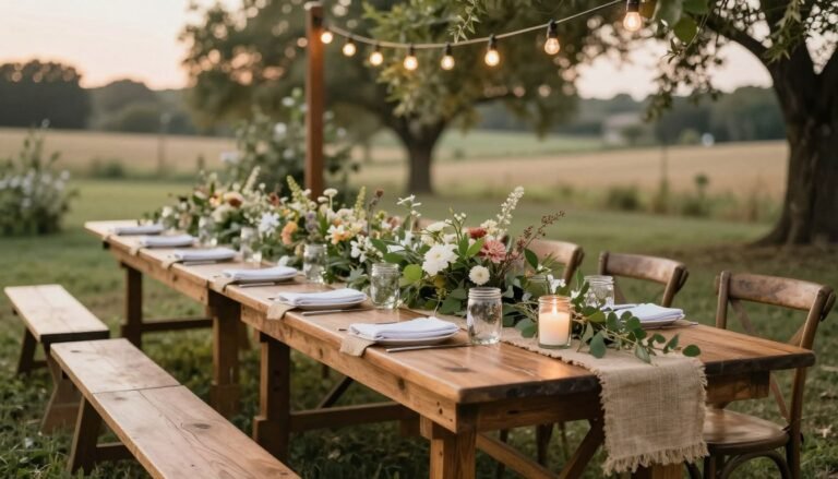 rustic wedding ideas featuring wooden table with greenery and string lights
