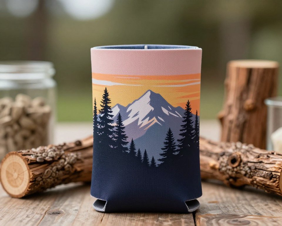 rustic wedding koozie with mountain design