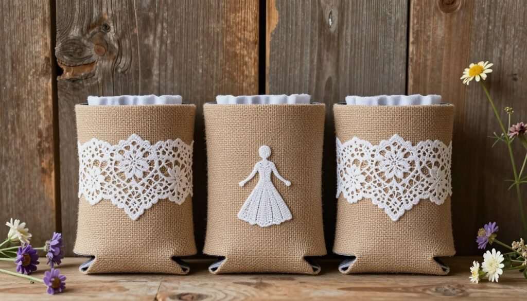 rustic wedding koozies with burlap and lace design