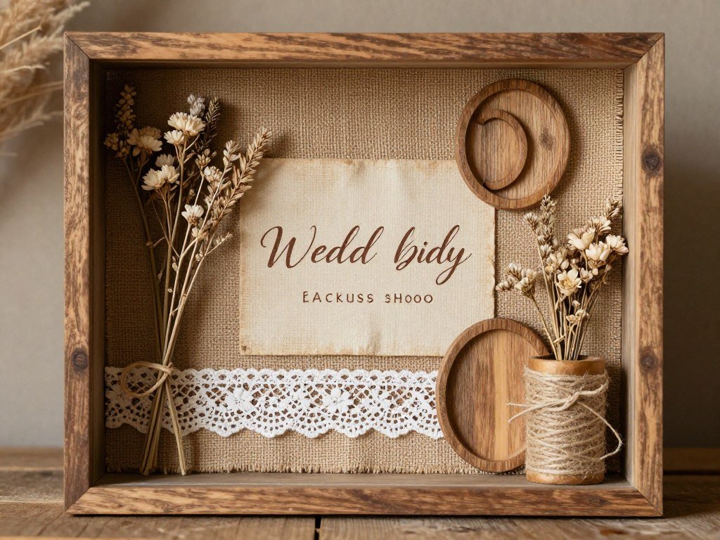 rustic wedding shadow box with burlap and natural elements