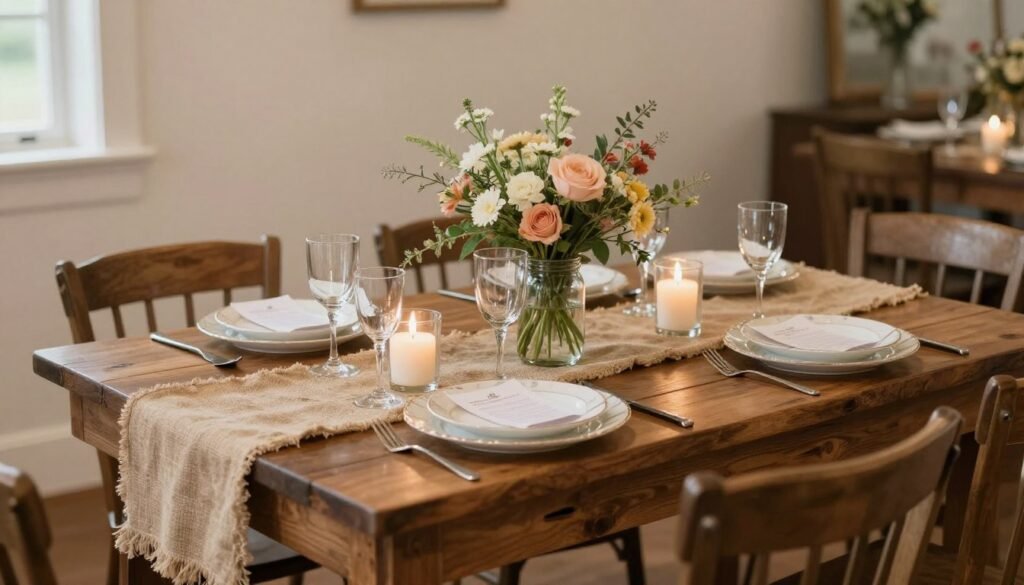 rustic wedding table with centerpieces and place settings
