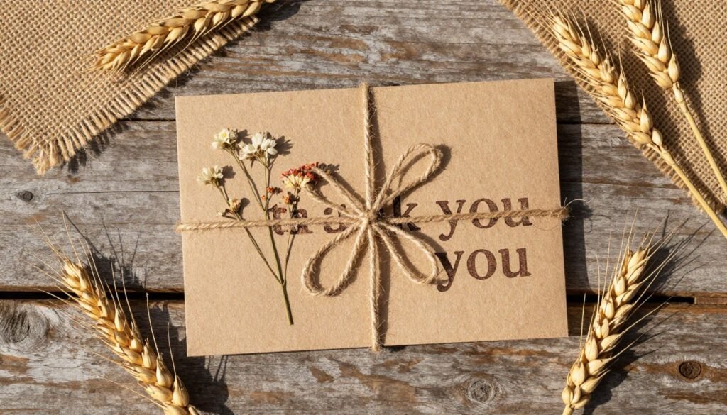 rustic wedding thank you card with kraft paper, twine, and dried flower embellishments