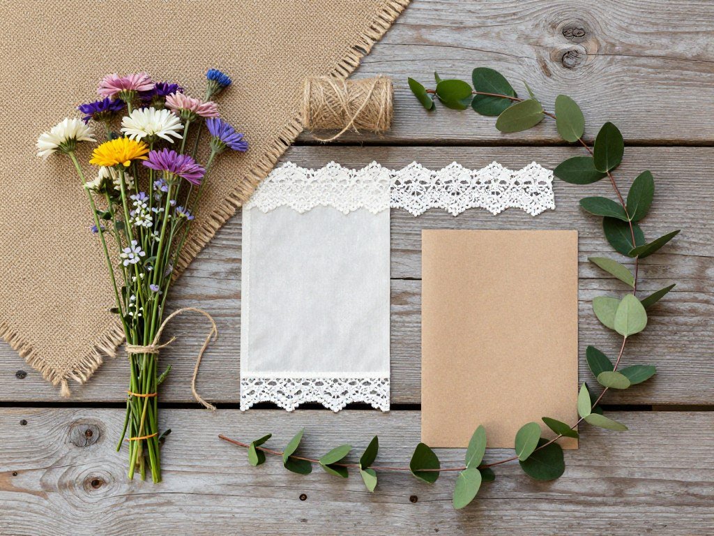 rustic wedding theme elements including wood, burlap, and natural flowers