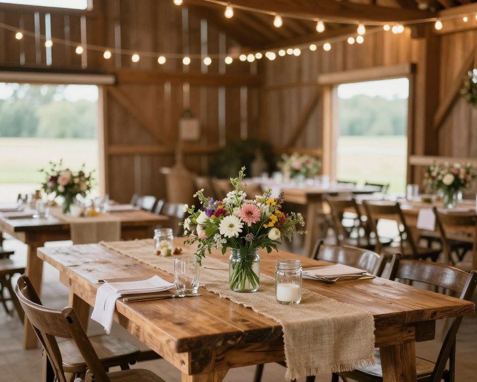 rustic wedding theme with wooden elements and wildflowers