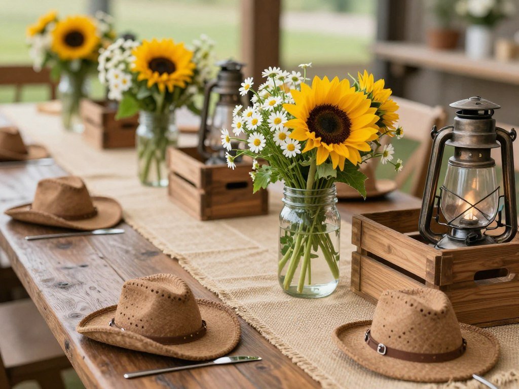 rustic western bridal shower décor with burlap and wildflowers