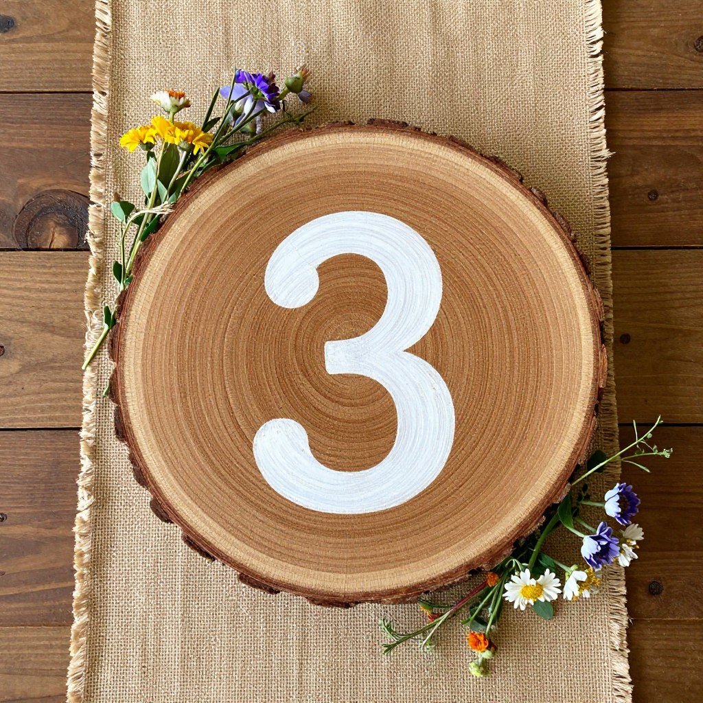 rustic wood slice table number with painted number