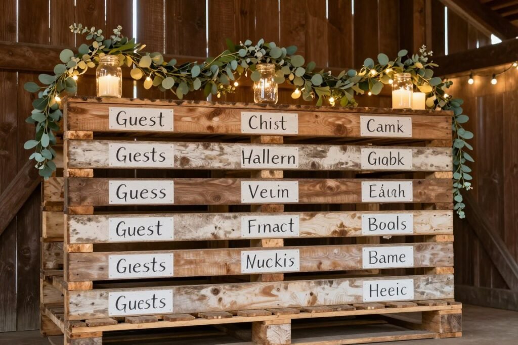 rustic wooden pallet seating chart with string lights and greenery rustic wooden pallet seating chart with string lights and greenery