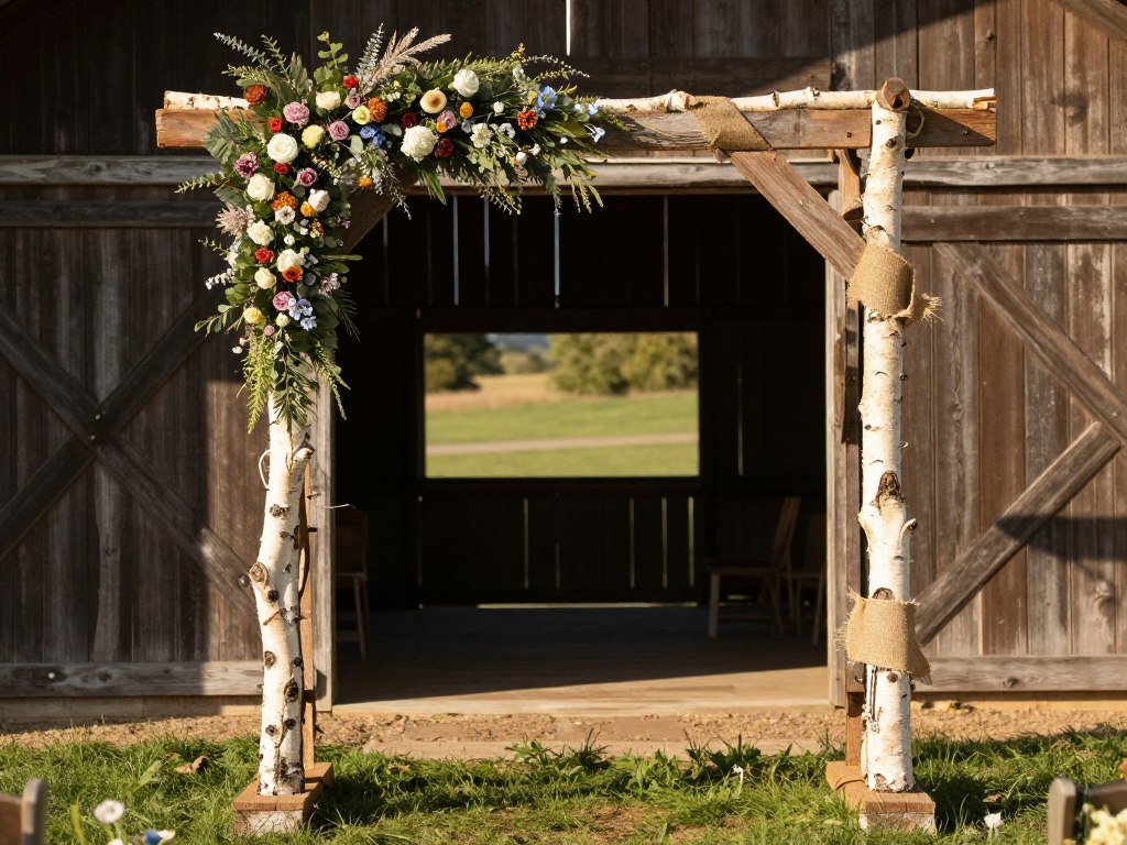rustic wooden wedding arch with natural wood finish