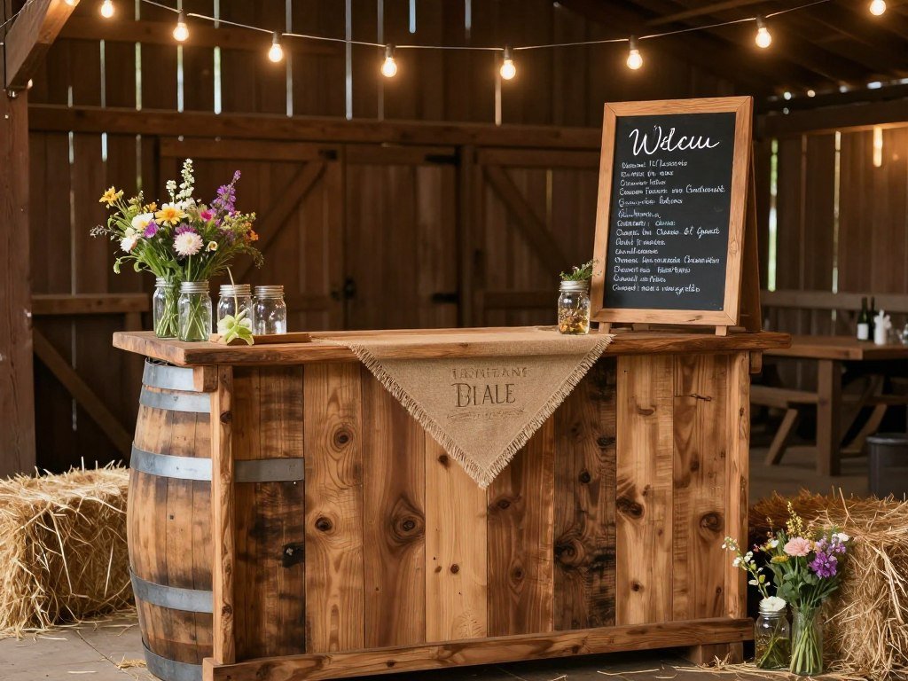 rustic wooden wedding bar with whiskey barrels and mason jar decorations rustic wooden wedding bar with whiskey barrels and mason jar decorations