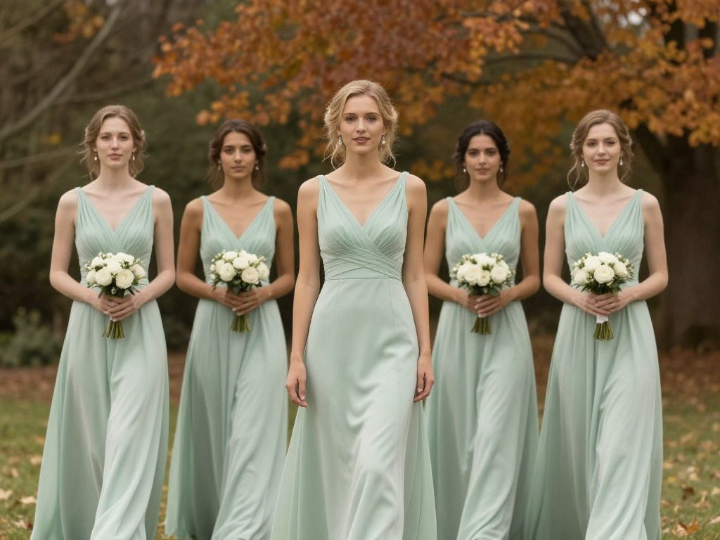 sage green pastel bridesmaid dresses with autumn foliage sage green pastel bridesmaid dresses with autumn foliage