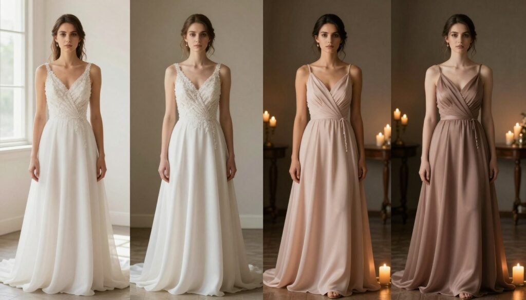 same bridesmaid dress color shown in different lighting conditions demonstrating color changes