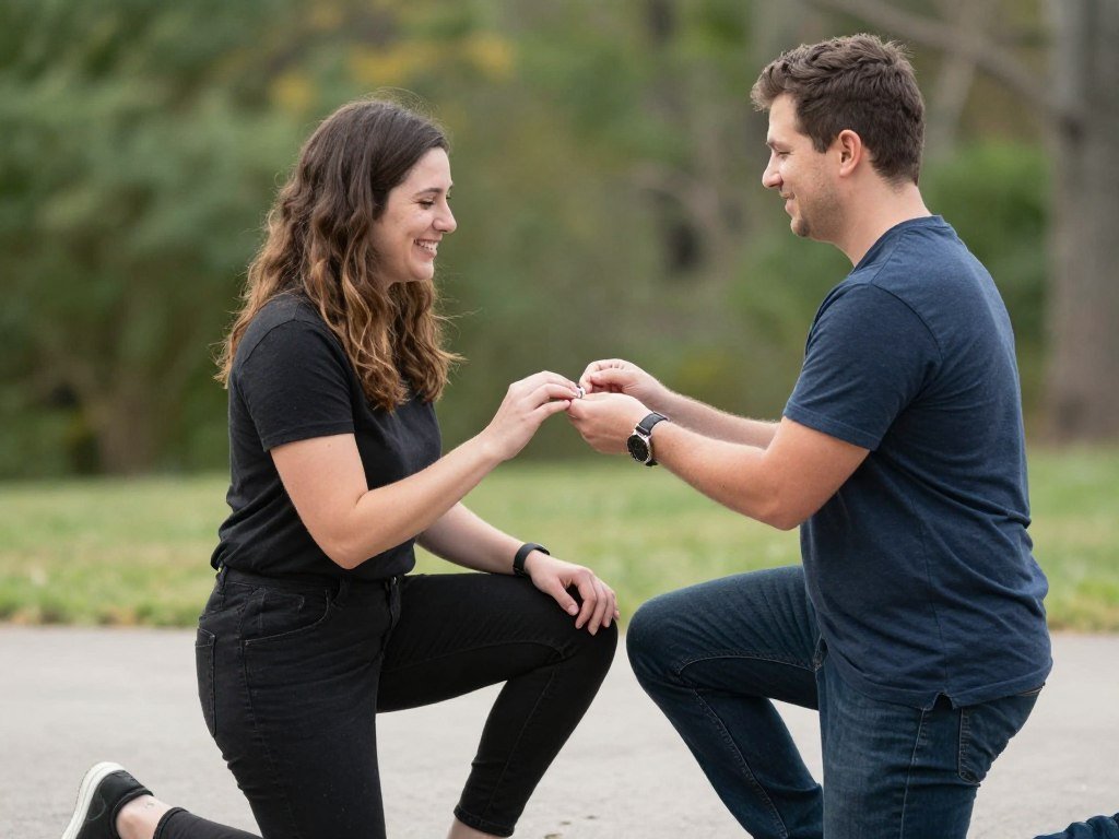 same-sex couple during romantic proposal moment