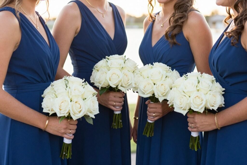 sapphire blue bridesmaid dresses with gold jewelry creating elegant wedding party aesthetic