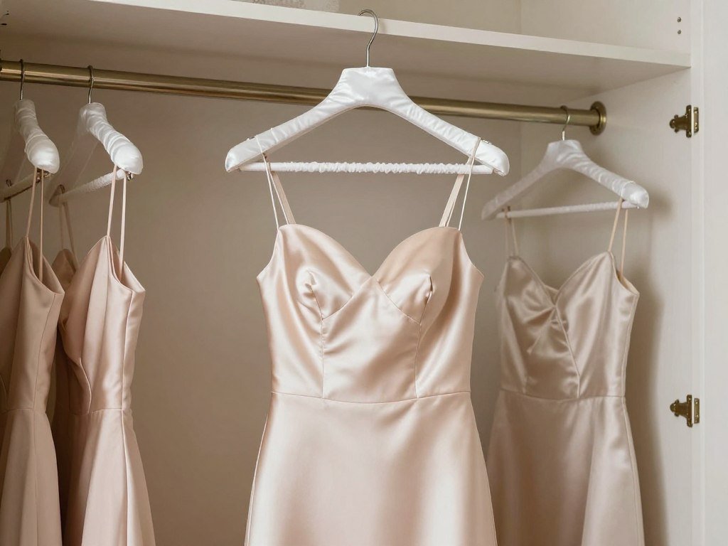 satin dress hanging properly on padded hanger