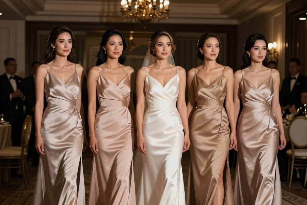 satin neutral bridesmaid dresses at elegant indoor wedding venue with dramatic lighting