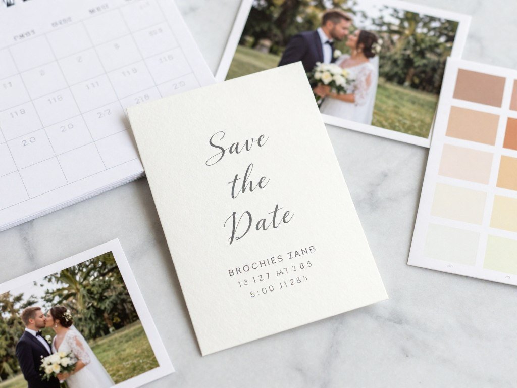 save the date card displayed with wedding planning details